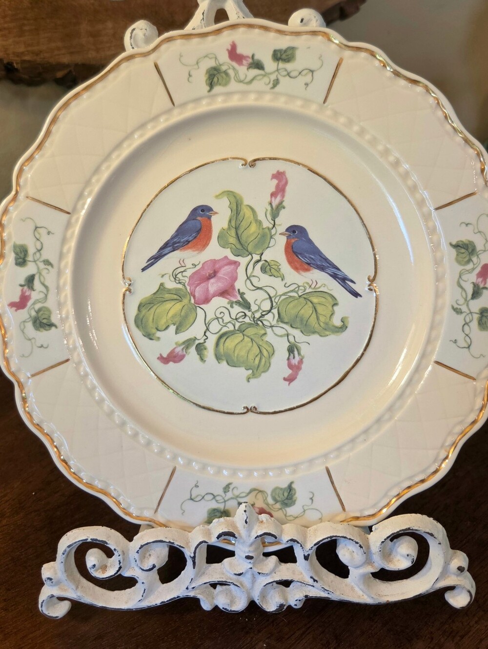 Vtg Burton & Burton Aves Estate 2007 Plate 10" Bluebirds Floral Gold Cottagecore